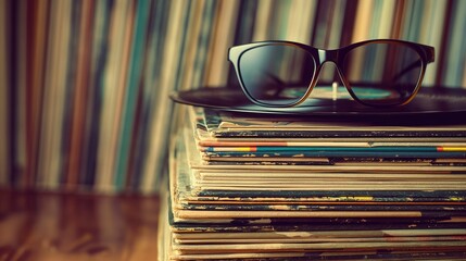 Glasses resting on top of a stack of vinyl records, evoking a sense of musical nostalgia
