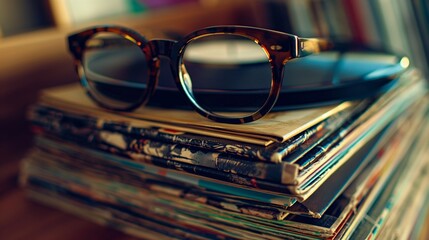 Glasses resting on top of a stack of vinyl records, evoking a sense of musical nostalgia - obrazy, fototapety, plakaty