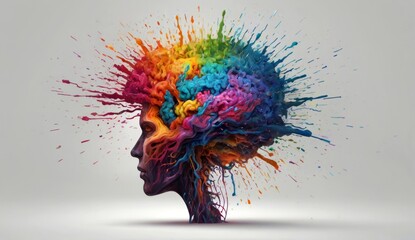 Creativity concept with a brain exploding in colors. Mind blown concept. white background 