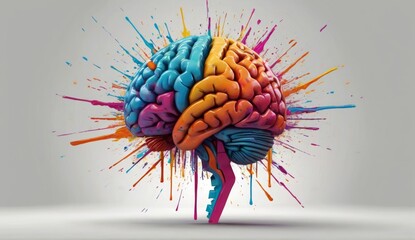 Creativity concept with a brain exploding in colors. Mind blown concept. white background  - obrazy, fototapety, plakaty