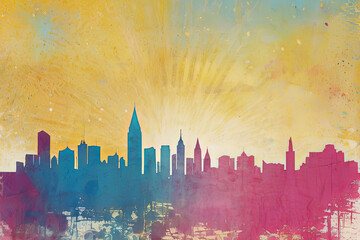 City sky abstract art. Starburst in yellow, white, pink, and blue. Risograph print vintage texture...
