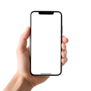 Man hand holding black smartphone isolated on white and transparent background, clipping path