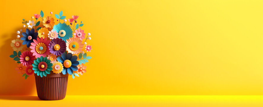 Pot of flowers, paper flowers, isolated on a yellow background, 3d render, Copy space, Banner
