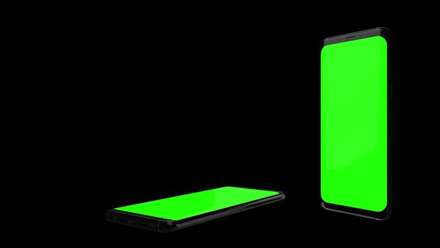 HD animation of moving smartphone mockups..Green background for chroma key on the smartphone screen. used for commercials and app presentations