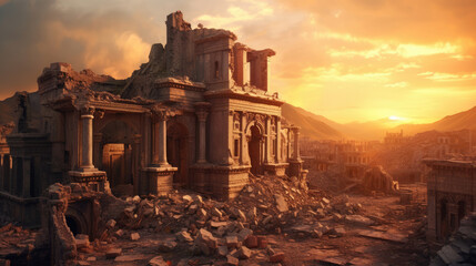Sunset Over Earthquake-Damaged Ruins