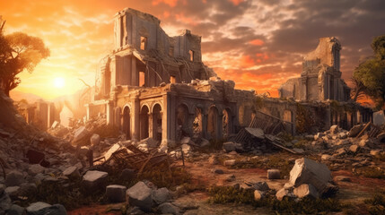 Sunset Over Earthquake-Damaged Ruins