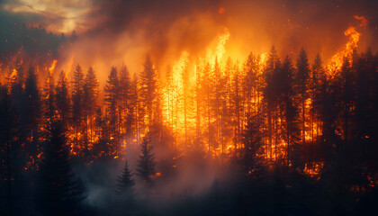 A forest on fire, the burning trees and grass in flames. Orange and red hues against black night sky. Large scale natural disaster. Night sky. Fiery landscape