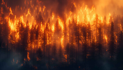 A forest on fire, the burning trees in flames. Orange and red hues against black night sky. Large scale natural disaster. Night sky. Fiery landscape	