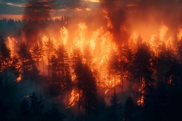 A forest on fire, the burning trees in flames. Orange and red hues against black night sky. Large scale natural disaster. Night sky. Fiery landscape	