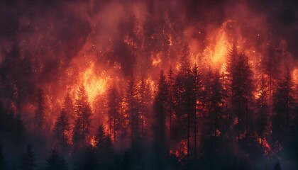 A forest on fire, the burning trees in flames. Orange and red hues against black night sky. Large scale natural disaster. Night sky. Fiery landscape 
