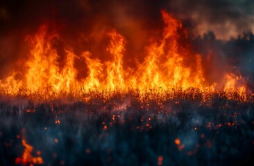 A forest on fire, the burning trees and grass  in flames. Orange and red hues against black night sky. Large scale natural disaster. Night sky. Fiery landscape	