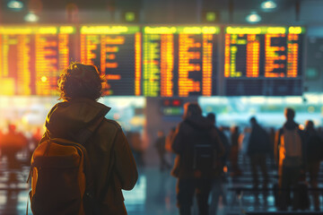 A traveler with a backpack looking for departure and arrival information board at the airport with...