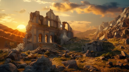 Sunset Over Earthquake-Damaged Ruins