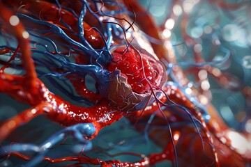 A detailed 3D visualization of thickened arteries and veins highlighting coronary heart disease and high cholesterol levels