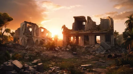 Foto op Plexiglas Sunset Over Earthquake-Damaged Ruins © didiksaputra