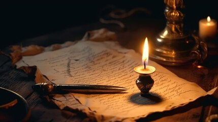 Old Parchment and Illuminated Candle - obrazy, fototapety, plakaty