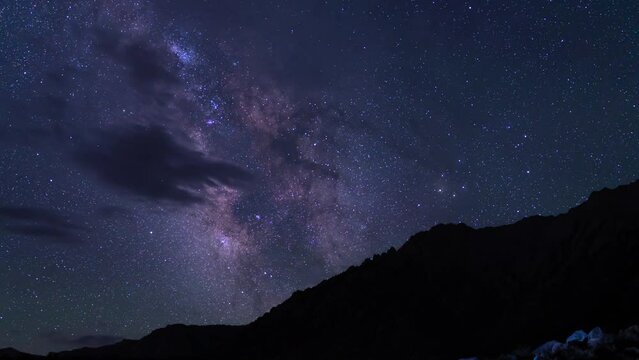 Milky Way Galaxy 35mm South Sky Tilt Up Over Camp Mt Whitney Purple Sierra Nevada California USA Time Lapse