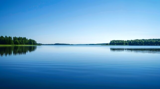 A Serene Lake in Finland Mirrors a Clear Blue Sky on a Calm Summer Day
