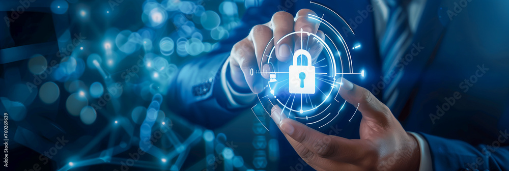 Poster cyber security, businessman use virtual screen and login verified identity credentials on network of