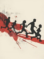 Minimalist Athletes Silhouettes Racing Towards Victory in Track and Field - Red and White Palette