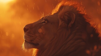 Majestic Lion Profile With A Fiery Sunset Sky Backdrop, Symbolizing Power And Wilderness: Regal Majesty, Wild Majesty, Fiery Majesty, Serengeti King, Nature's Strength.