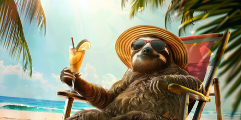 Fototapeta premium a sloth wearing sunglasses and a straw hat lounging in a beach chair with a cocktail against a tropical background, generative AI