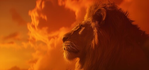 Majestic Lion Profile With A Fiery Sunset Sky Backdrop, Symbolizing Power And Wilderness: Regal Majesty, Wild Majesty, Fiery Majesty, Serengeti King, Nature's Strength. - obrazy, fototapety, plakaty
