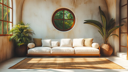 Chic cream sofa in a sunlit room with arched windows and lush indoor plants, offering a view to a tropical paradise - obrazy, fototapety, plakaty