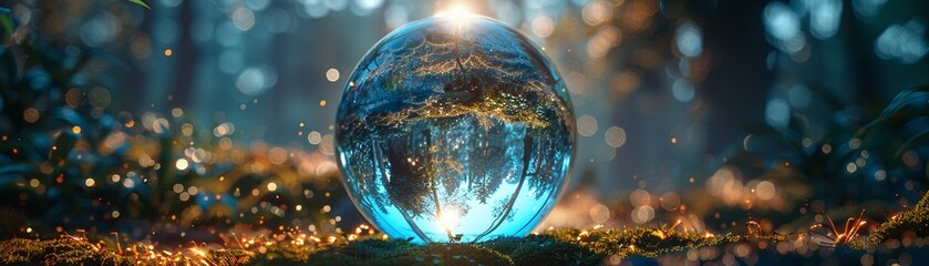 Crystal Ball, Floating, Magical orb, Floating peacefully above a serene forest, Enchanting, 3D Render, Moonlight, Depth of Field Bokeh Effect
