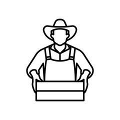 Farmer line icon. A hatted man in a dungarees holds a empty wooden box. A harvest and farming concept. Linear illustration, editable thin stroke.