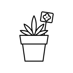 Potted seedlings line icon. Young flower in pot. Horticulture and organic farming concept. Linear illustration, editable thin stroke.