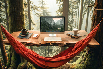 Tranquil forest glade transformed into an outdoor office space, with rustic wooden desks, hammocks, and panoramic views, perfect for remote work.