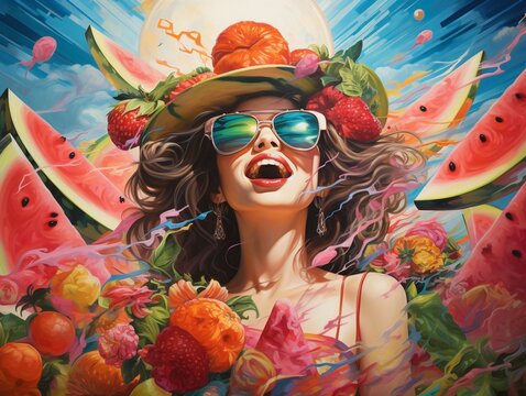 Watermelon summer captured in a vibrant painting, where the fruits are alive and partying under a sun made of sweet slices.