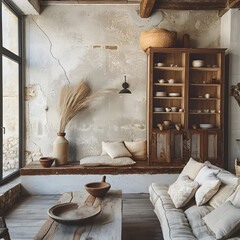 Fototapeta na wymiar Rustic elegance interior design with natural cosy furniture in living room