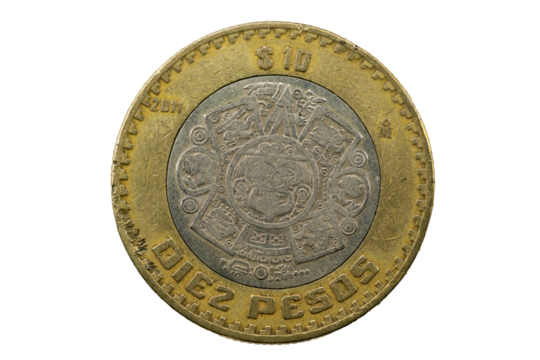 Moneda de 10 pesos mexicana con el calendario azteca 2011