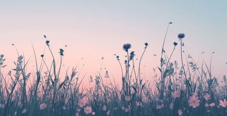 Wildflower Silhouettes At Twilight, Serene Nature Backdrop With Gradient Sky Hues: Tranquil Evening, Floral Silhouettes, Twilight Beauty, Nature's Palette