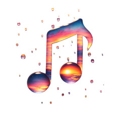 Watercolor droplets forming a musical note, reflecting a vibrant sunset on a white canvas.