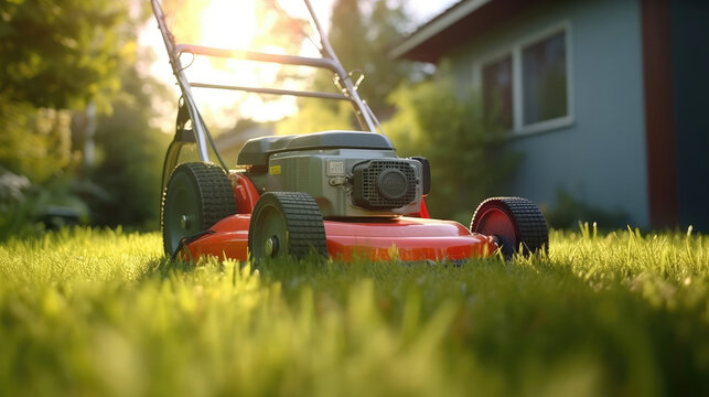Close-Up of Mower Cutting Through Fresh Green Grass