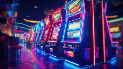 Casino Slot Machine Room Aglow with Vivid Colors