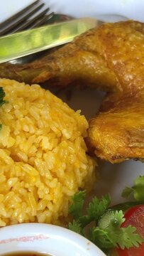 Chicken Teriyaki Food close up establish shot stream chicken with pilau rice on white plate. High quality 4k footage