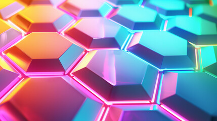 Abstract background of hexagon background. Colorful hexagons background, chaotic hexagons. Colorful background with glowing elements.