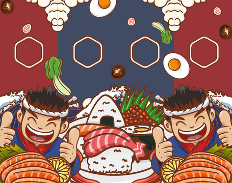 Original Hand-painted Cartoon Japanese Food Sushi Illustration Restaurant Decoration Painting Material
