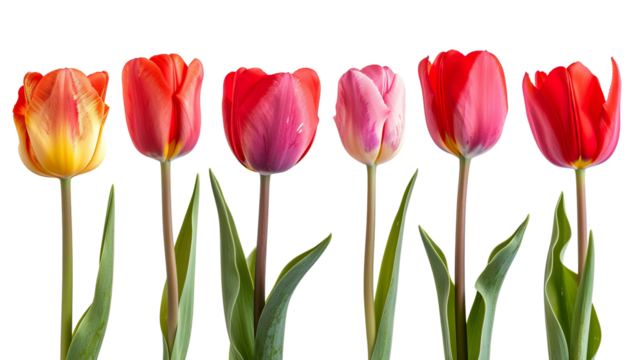 group of blooming tulips isolated on white background PNG