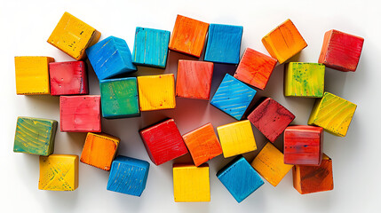 Many Multi-Colored Cubes of Blocks, Children's Construction Toys Background, Educational Playtime...