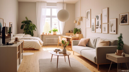 Fototapeta na wymiar Minimalist Living Room and Kitchen Space
