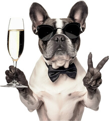 french bulldog with a champagne glass and victory fingers 