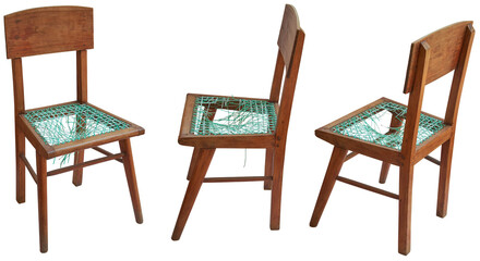 set of old and damaged traditional hand woven wooden chair in different angles, collection of used...