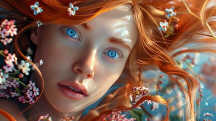 Portrait of a beautiful red-haired girl with freckles and clear blue eyes in lilac flowers