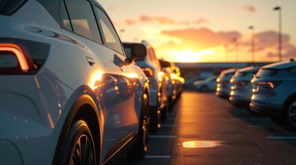 Electric cars on display at sunset, focus on white SUV. Sunset brings out the best in electric SUVs at the dealership. - obrazy, fototapety, plakaty