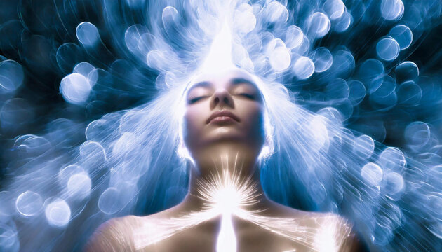 Woman as vessels of spiritual energy.A divine spark, born from the tumultuous heart of the storm, descends towards the earth, its blinding brilliance illuminating the night sky, its reflection a ghost